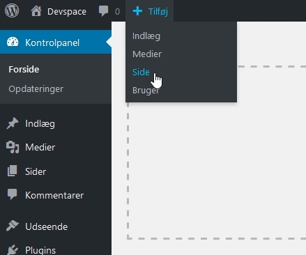 husk-min-hjemmeside-sider opret ny side genvej
