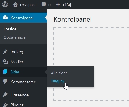 husk-min-hjemmeside-sider opret ny side kontrolpanel